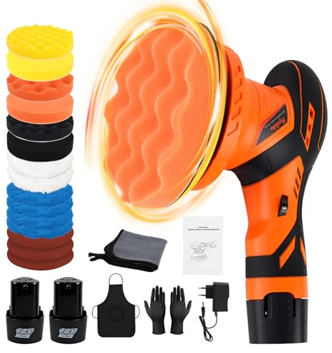 Flydida Poliermaschine Auto Akku, 6 Zoll Exzenter-Poliermaschine mit 2 Stück 12V 2000mAh Lithium, Autopoliermaschinen Set 17pcs 5500RPM für Auto Autopflege Polieren Wachsen Kratzerentfernung