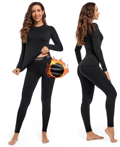 Leeboom Thermounterwäsche Damen Atmungsaktiv Funktionsunterwäsche Warm und Flexibel Skiunterwäsche Set Mit Innenfleece für zu Hause und Wintersport (Schwarz, S)