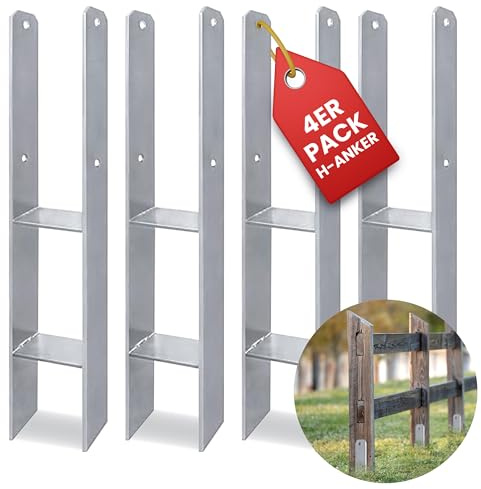 Gartenpirat 4 Stück H-Anker 91x600 mm feuerverzinkt Pfostenträger für Pfosten 9x9 cm