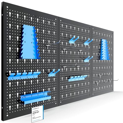 Arebos Werkzeugwand 3-teilige Lochwand Werkstatt | 117,6 x 59,5 x 2 cm | 17-teiliges Hakenset & Halterungen | Werkzeuglochwand aus Metall für Werkstatteinrichtung | Montagematerial | Blau