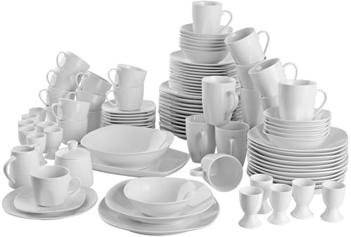 tectake® Geschirrset 12 Personen, Porzellan Geschirr Set 100tlg, u.a. 12x Dinner Teller Set, 12x Dessertteller, 12x tiefe Teller, 12x Tasse, 12x Müslischale, Salatschüssel, Milchkännchen, Zuckerdose
