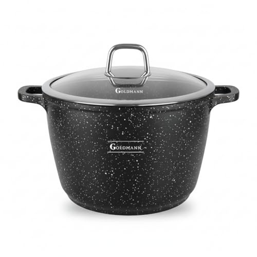 GOLDMANN Kochtopf Aluguss/Suppentopf, 20 cm, 4L, antihaftbeschichtete Keramik in Marmoroptik, Glasdeckel, geeignet für Induktion und alle Herdarten, ofenfest und PFOA-frei