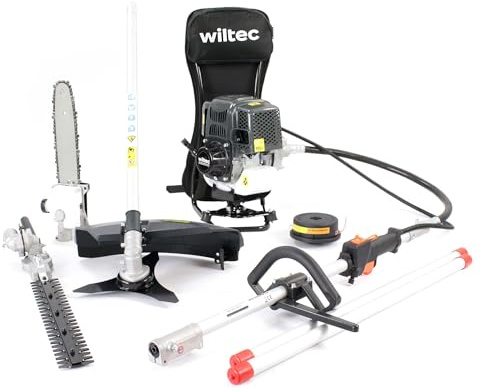 Wiltec 4-in-1 Multifunktionsgerät mit 4-Takt-Motor mit Rucksack, Backpacker Multigartengerät, Multitool Gartenwerkzeug mit u.a. Rasentrimmer