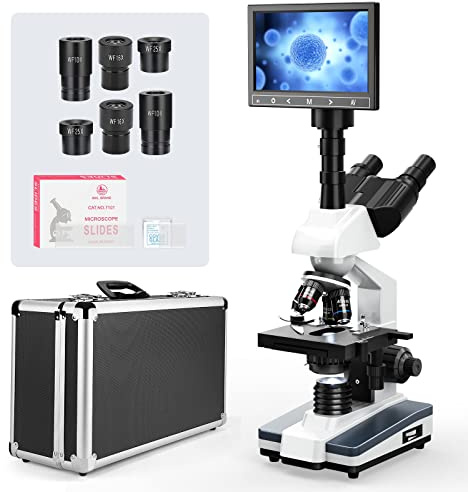 Vabiooth Laborkomplexes Trinokulares Mikroskop mit 40X-2500X Vergrößerung und 5MP 7-Zoll LCD-Bildschirm, zweischichtiger mechanischer Bühne für Tierhaltung, Tierkliniken, Labor