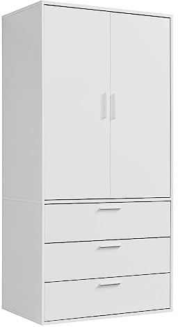 mokebo Kleiderschrank (90x187 cm) aus Holz 2-türig & 3 Schubladen 'Der Grenzenlose', modularer Schlafzimmerschrank, Garderobenschrank, Flurschrank, Drehtürenschrank o. Schrank in Weiß