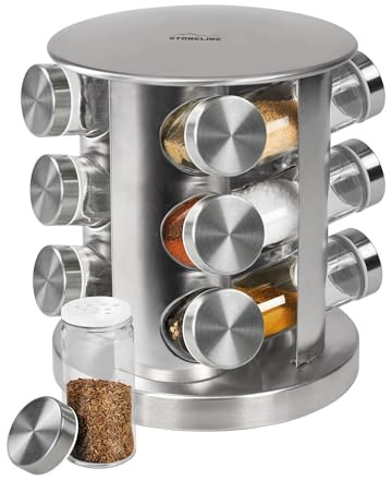 STONELINE Gewürzregal Stehend mit 12 Gewürzgläser, Edelstahl Glas Gewürzkarussell 360° Drehbar Gewürz Organizer Gewürzständer Rund, Gewürzdosen Gewürz Streuer mit Etiketten, Aufbewahrung Küche Zubehör