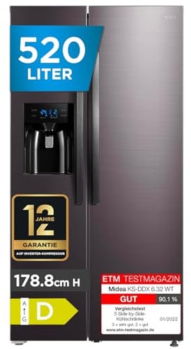 Midea KS-DDX 6.32 WT Side-by-Side Kühl-/Gefrierkombination/ 178,8 cm Höhe/ 254 kWh/Jahr/No Frost/Dual Inverter Compressor/mit 3in1 Wasser-/Eisspender und Wassertank, Dark Inox