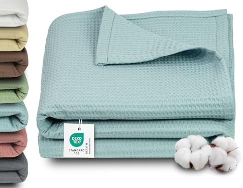 ZOLLNER Kuscheldecke in 150x200 cm - 100% Baumwolle - Zeitloses Waffelmuster - knitterarme und atmungsaktive Couchdecke in blau - waschbar bis 60°C – Hotelwäschequalität - Oeko Tex® Zertifiziert
