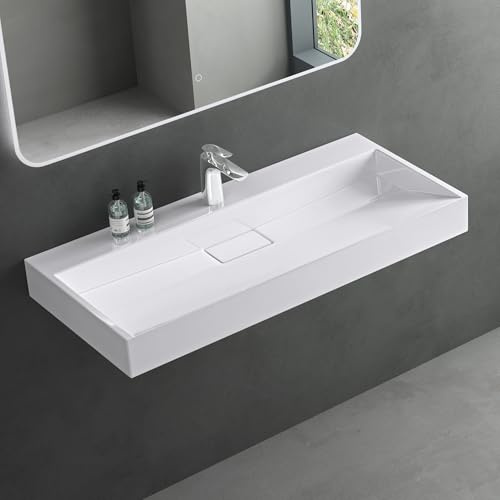 Mai & Mai Waschbecken Weiß Aufsatzwaschbecken Hängewaschbecken Hängewaschtisch inkl. Ablaufgarnitur Mineralguss Rechteckig Waschplatz 1 Armaturenloch Breite: 90cm