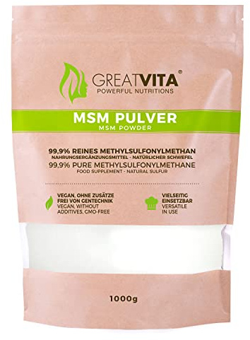 GreatVita MSM Pulver 1000g - 99,9% Methylsulfonylmethan, feiner & organischer Schwefelpulver - MSM powder zum Mischen in Wasser, Saft & Smoothies - 1kg Vorrat, ohne Zusätze, glutenfrei & non-GMO