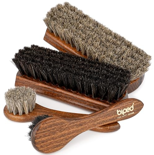 Biped 4-teiliges Schuhbürsten Set Classic in Geschenkbox - Schuhputzset mit 2X Rosshaarbürste zum Auftragen von Schuhcreme und 2X Polierbürste - Bürstenkorpus aus heimischem Buchenholz z2487