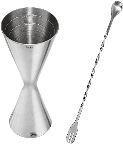 Barmaß Jigger Messbecher Cocktail 304 Edelstahl für Cocktails 30ml/60ml mit Mischlöffel, Silber