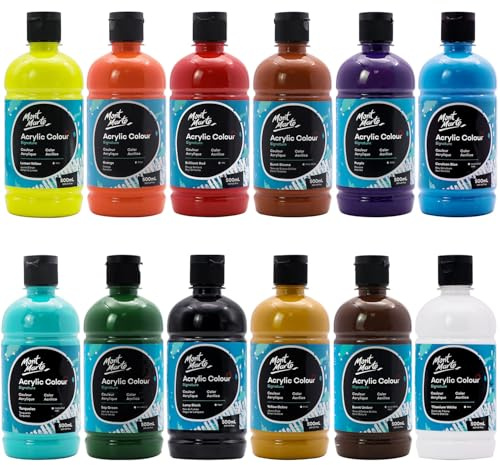 Mont Marte Signature Acrylfarben-Set, 500 ml, halbmattes Finish, 12 leuchtende Farben, geeignet für Leinwand, Holz, Stoff, Leder, Pappe, Papier, MDF und Bastelarbeiten