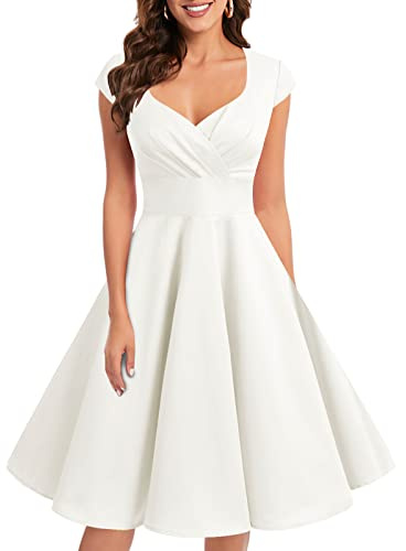 bbonlinedress 1950er Vintage Retro Cocktailkleid Rockabilly V-Ausschnitt Faltenrock White (Creme) XL