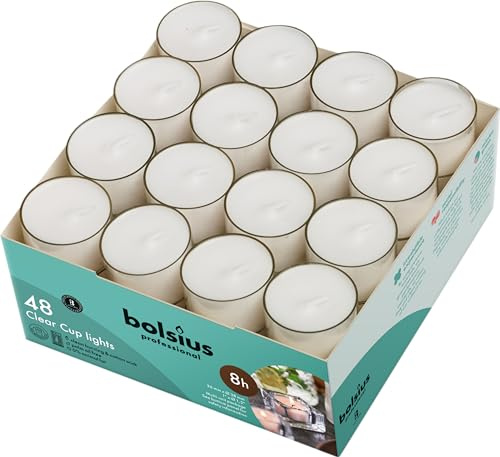 bolsius Genuine Tea Light Candles in Clear Holder Cups Bulk 48 Set. Long Burning 8hr, Unscented, for Mood, Dinners, Parities, Home, Decoration, Wedding, Crafts, Weiß