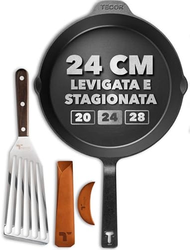 TECOR Gusseisenpfanne induktion 24 cm geschliffen, universell, natürlich - Langlebige Pfanne Gusseisen 24 cm - Antihaft Gusspfanne Induktion einfach, top Qualität - Cast iron pan induction