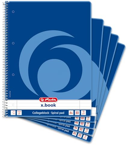 herlitz Collegeblock A4 Liniert, Lineatur 27, 80 Blatt, Rand innen und außen, 5 Stück