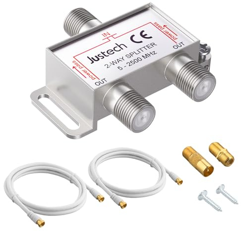 Justech SAT-Verteiler 2-Fach Splitter 2-Wege Verteiler TV Radio F-Stecker Adapter TV Fernseh Adapter mit 2x 1.5m Kabel + 1x F Stecker auf Koax Stecker + 1x F Buchse auf Koax Kupplung