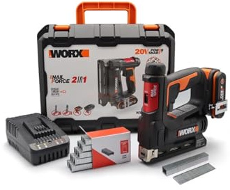 WORX WX843 NailForce Akku Nagler und Tacker 20V - für Nägel bis 15mm & Tackerklammer bis 14mm - einfach Ladung mit Magazin - PowerShare kompatibel - mit Akku, Ladegerät & Koffer