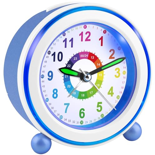 DTKID Wecker Kinder, Kinderwecker Ohne Ticken mit Snooze und Nachtlicht, Analoger Wecker für Jungen und Mädchen, Lernwecker Kinder, Batteriebetrieben