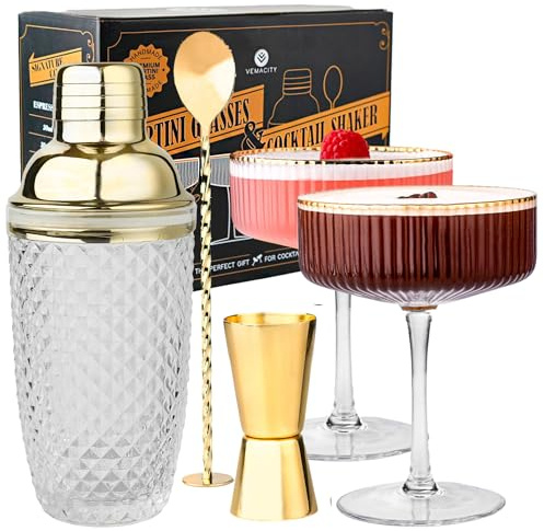 Vemacity Cocktail Set– Glas Cocktail Shaker (500ml) + 2 Espresso Martini Gläser mit Goldrand, Bar Spoon & Jigger | Barkeeper-Set | Cocktailgläser + Cocktailshaker | Ideal zum Verschenken