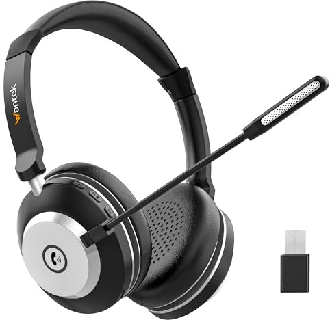 Wantek Wireless Headset mit Noise Cancelling Mikrofon und USB Dongle für PC Laptop, Bluetooth Kabellos mit Teams-Kompatibilität für Computer Call Center