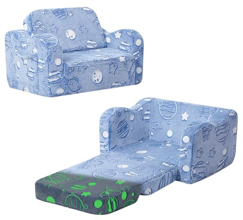 MeMoreCool Kindersofa Ausklappbar, 2-in-1 Kleinkinder Schlafsofa, Kindersessel mit Schlaffunktion, Mini Couch für Kuschelecke Kinderzimmer, Spielsofa für Mädchen und Jungen, Leuchtendes Universum