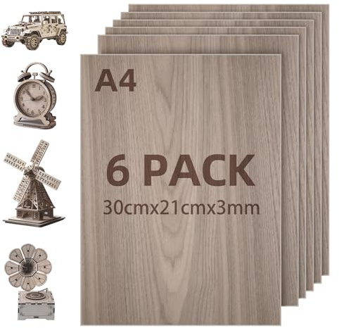Sperrholzplatten 3mm,Walnuss Brett 6 Stück 30x21cm Lasercut Holz,A4 Linde Sperrholz,Holzplatte für Laser Gravur, CNC Schneiden, Malerei, DIY Modell