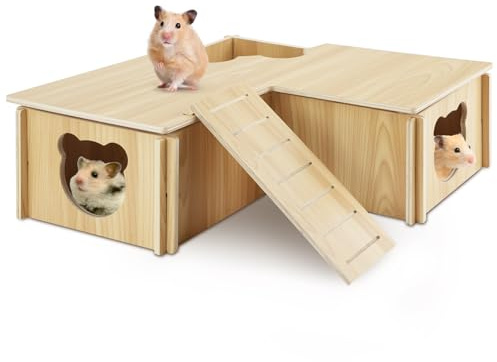 RETON Hamsterhaus aus Holz, Eckversteck mit Plattform und Treppe, Hamsterspielzeug, Käfigdekoration für syrische Hamster, Zwerghamster, Ratten, Rennmäuse
