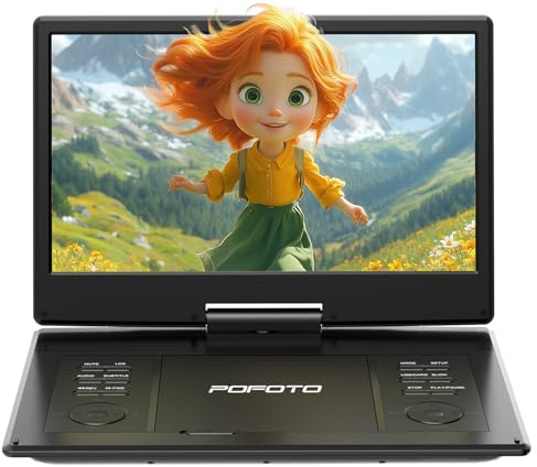 POFOTO 15,7 Tragbarer DVD-Player mit 14,1 HD-Schwenkdisplay, 6h Akkulaufzeit, Zonenfrei, Unterstützt Mehrere Formate/SD/USB, TV/Beamer-Anschluss, Stereo-Lautsprecher, Speicherfunktion, Schwarz