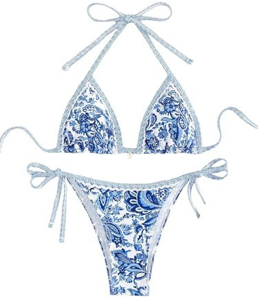 BYFINECANY Damen-Badeanzug, zweiteilig, Blumendruck, Paisleymuster, Sommer-Bikini, Neckholder