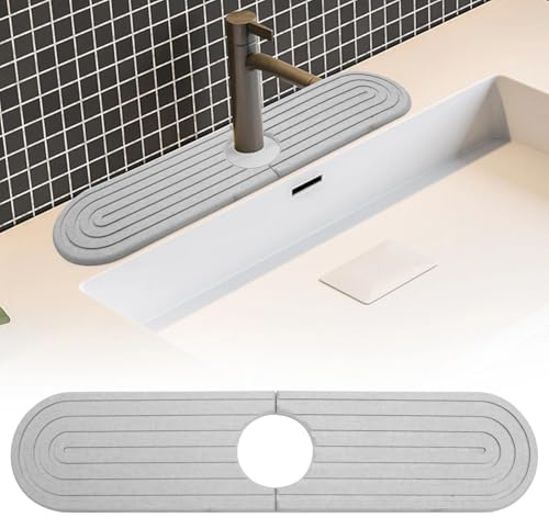 TNSLAND Abtropfmatte Spüle Wasserhahn Spritzschutz, Wasserhahn Matte, Stone Mat Wasserhahnschutz & Abtropfmatte Wasserhahnmatte Sink Mat für Küche und Badezimmer Inklusive Sandpapier Hellgrau 45x10cm