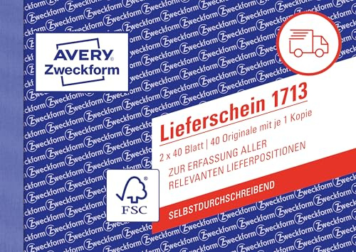 AVERY Zweckform 1713 Lieferschein speziell für Österreich (A6 quer, 2x40 Blatt, selbstdurchschreibend mit farbigem Durchschlag, zur Erfassung aller relevanten Lieferpositionen) weiß/ gelb