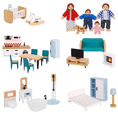 OOOK Puppenhaus Möbel Holz Set, 26 Teilige Möbel mit 4 Familienpuppen Miniaturmöbel, Puppenhauszubehör Holz für Mädchen und Jungen ab 3 Jahre