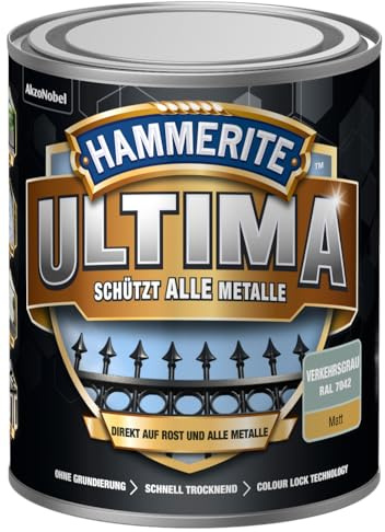 Hammerite Ultima Matt, Metallschutzlack, Hochwertiger Schutzlack für alle Metalle im Außenbereich, Verkehrsgrau RAL 7042, 750 ml