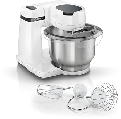 Bosch Küchenmaschine Serie 2, kleine Küchenmaschine, Edelstahl-Schüssel 3,8 L, Knethaken, Schlag-, Rührbesen spülmaschinenfest, 4 Arbeitsstufen, 700W, weiß, MUMS2EW00