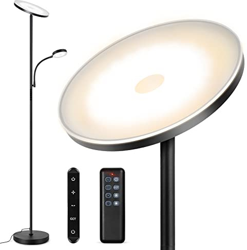 OUTON Stehlampe LED Dimmbar mit Leselampe, 27W/2400LM Deckenfluter mit 7W Leselampe, 4 Farbtemperaturen, Fernbedienung Touch Steuerung, 1H Timer, 178 cm Stehleuchte für Wohnzimmer, Schlafzimmer, Büro