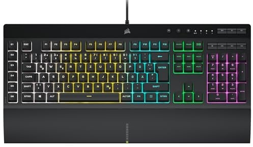 Corsair K55 RGB PRO kabelgebundene Gaming-Tastatur, Schwarz | Deutsches QWERTZ-Layout, IP42 staub- und spritzwassergeschützt, 6 Makrotasten mit Elgato-Integration, iCUE-kompatibel
