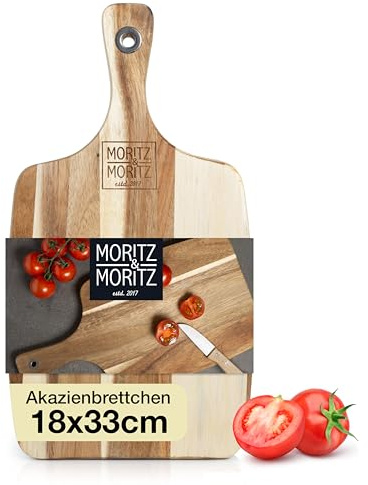 Moritz & Moritz Schneidebrett Holz 33x18cm - Holzschneidebrett aus massiver Akazie - Servierbrett Holz für Käseplatte - Holzbrett Küche langlebig, messerschonend, leicht zu reinigen