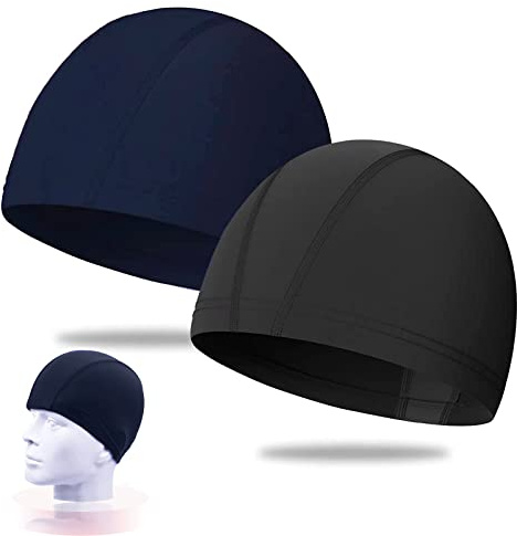 2 Stück Elastische Badekappen für Erwachsene, Komfortable Stoff Bademütze Weiche Unisex Badekappe Ohrenschutz Schwimmhaube Schwimmkappe Leichte Badehaube für Herren Damen Lange Kurzes Haar