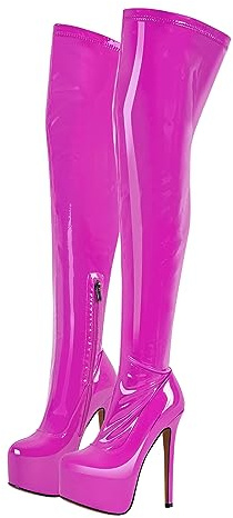 blingqueen Damen Overknee Stiefel Stretch Boots Plateau Stiletto Metallic Lack Fuchsia 41 EU