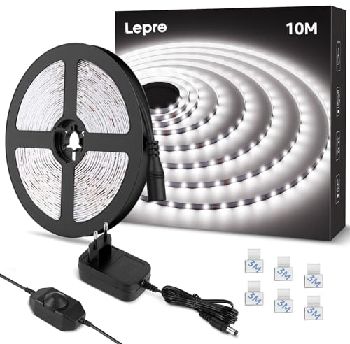 Lepro LED Strip 10M Kaltweiß, LED Streifen Kaltweiss 6000K Dimmbar, 2835 LED Band Weiß Selbstklebend, 420 LEDs Superhell LED Lichtband Leiste mit Netzteil, Lichterkette Kette für Innen Küche Deko