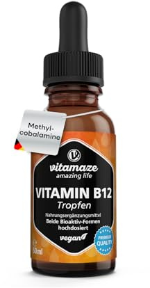 Vitamin B12 Tropfen hochdosiert & vegan 500 mcg, 50 ml (1700 Tropfen), Methylcobalamin & Adenosylcobalamin flüssig, Nahrungsergänzungsmittel ohne Zusatzstoffe, Made in Germany