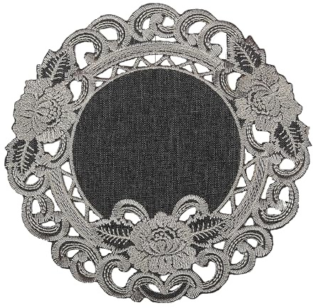 Grau Tischaufleger Tisch-Deckchen Leinen-Optik Blumen Stickerei (ca. 20 cm Rund)