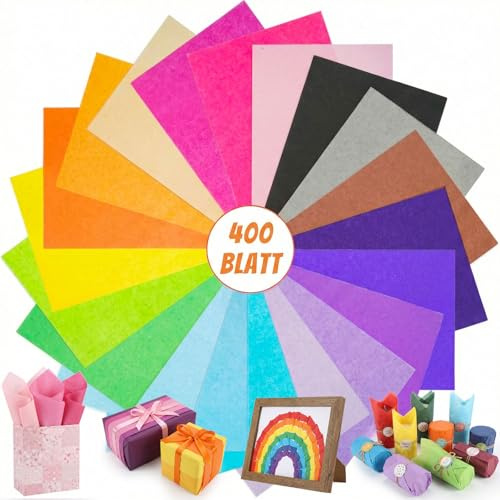 VGOODALL 400 Blatt Transparentpapier Bunt, 20 Farben Seidenpapier, Tissue Paper DIN A4, 16 g/qm Glanzpapier zum Basteln, Bastelpapier für Geburtstag Hochzeit Weihnachten Dekoration Verpackung