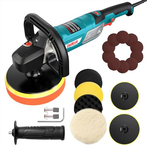 ENEACRO Poliermaschine,1500W Polierer 6 Variable Geschwindigkeit mit 150/180mm Polierteller, D-Griff und Seitengriff, mit 150mm Polierschwamm/Schleifpapier, zum Polieren von Auto, Glas
