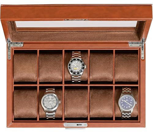 ROTHWELL Uhrenbox aus Leder mit 10 Fächern – Luxus-Uhrenetui, Veranstalter Uhrenaufbewahrung, Ultraweiches Mikro Wildlederimitat Futter, Abschließbarer Schmuck-Uhrenhalter mit Großer Glasplatte