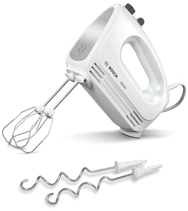 Bosch Handrührgerät, 2 Rührbesen, 2 Knethaken, Edelstahl, spülmaschinenfest, 4 Stufen, Turbostufe, leicht, leise, 400 W, weiß, CleverMixx MFQ24200