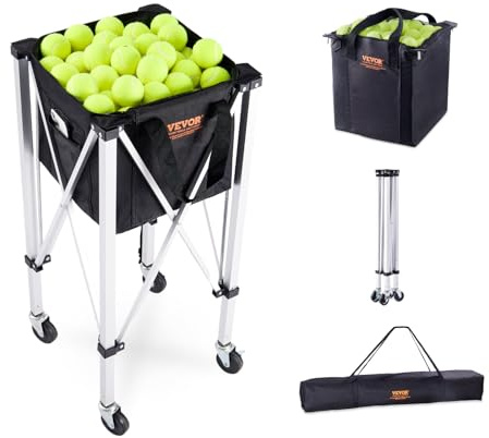 VEVOR Faltbarer Tennisballbehälter, fasst 150 Tennisbälle, Leichter Tennisballkorbwagen aus Aluminiumlegierung mit Rädern, abnehmbare Tasche, Tragetasche, tragbarer Sport-Lehrwagen für Tennisspieler