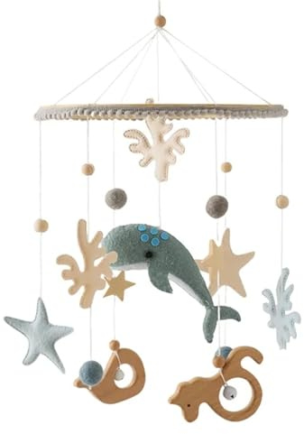 Herfair Meer Welt Mobile Baby Windspiele, 3D Delphine Mobile Baby Holz mit Filzbällen, Mobile Baby Mädchen Bettglocke Anhänger für Babybett Jungen und Mädchen (Blau)